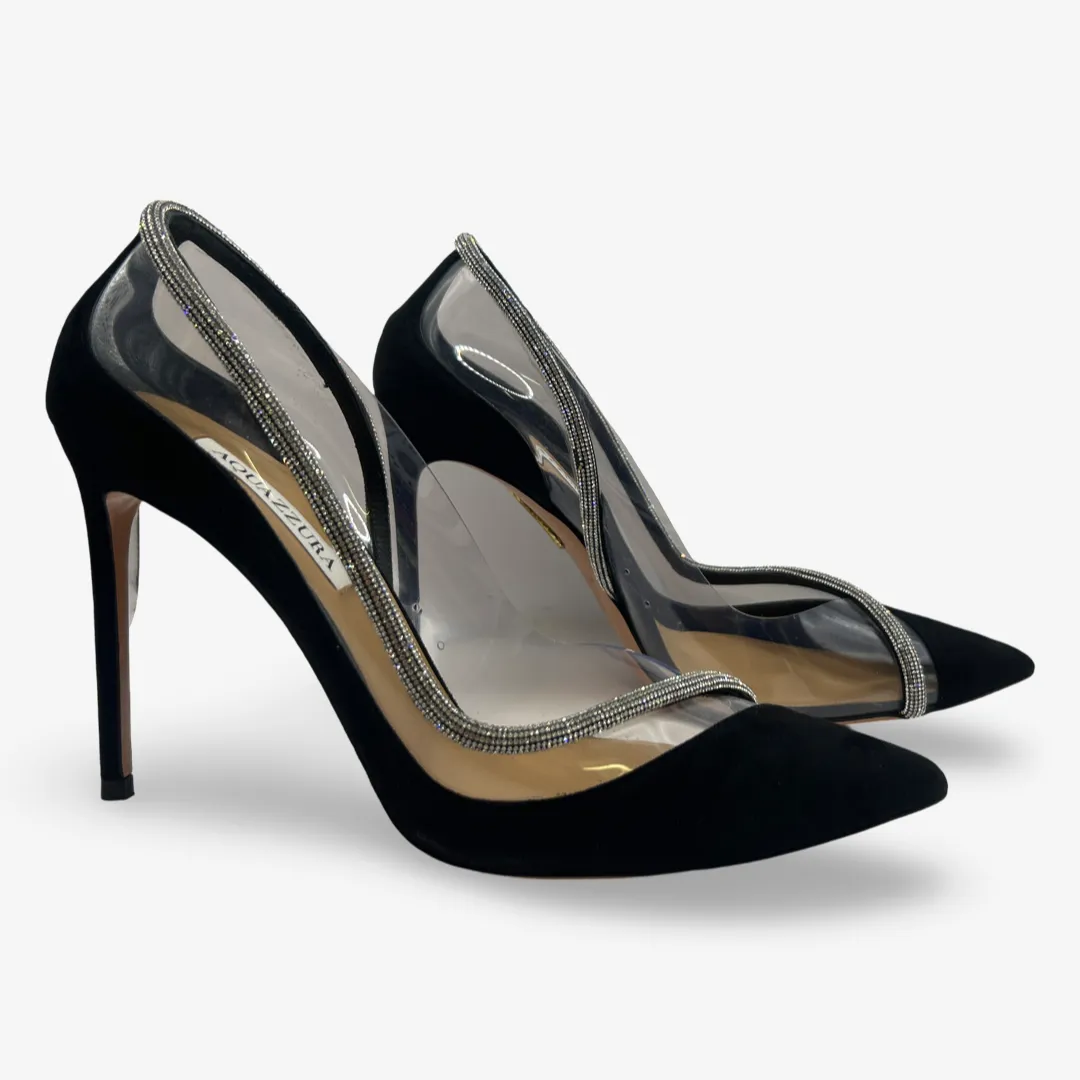 Aquazzura Black Suede and PVC Stiletto High Heels With Diamante Trim