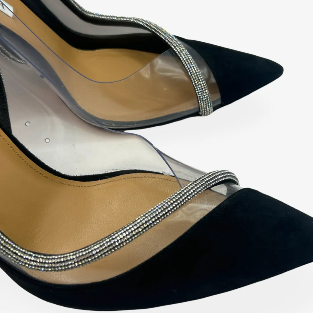 Aquazzura Black Suede and PVC Stiletto High Heels With Diamante Trim