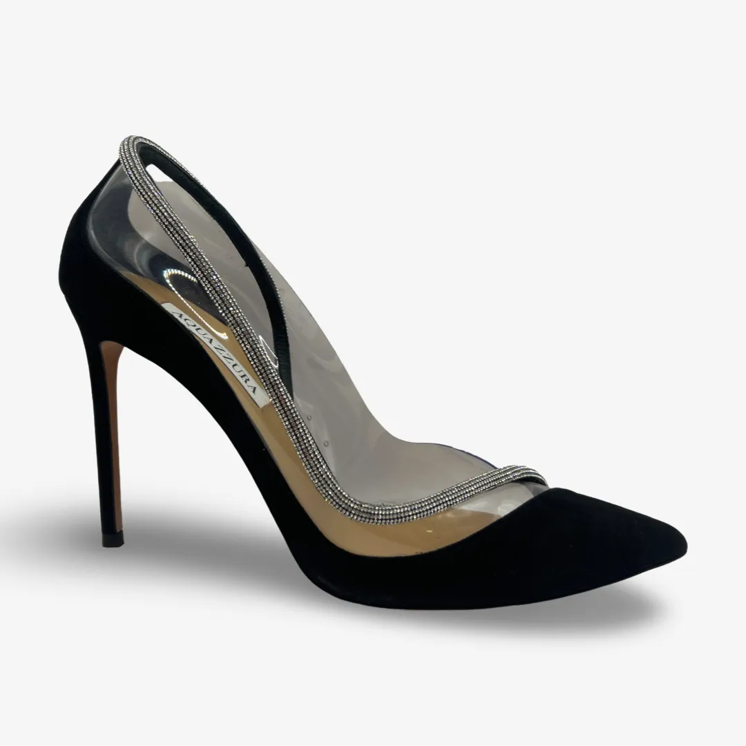 Aquazzura Black Suede and PVC Stiletto High Heels With Diamante Trim