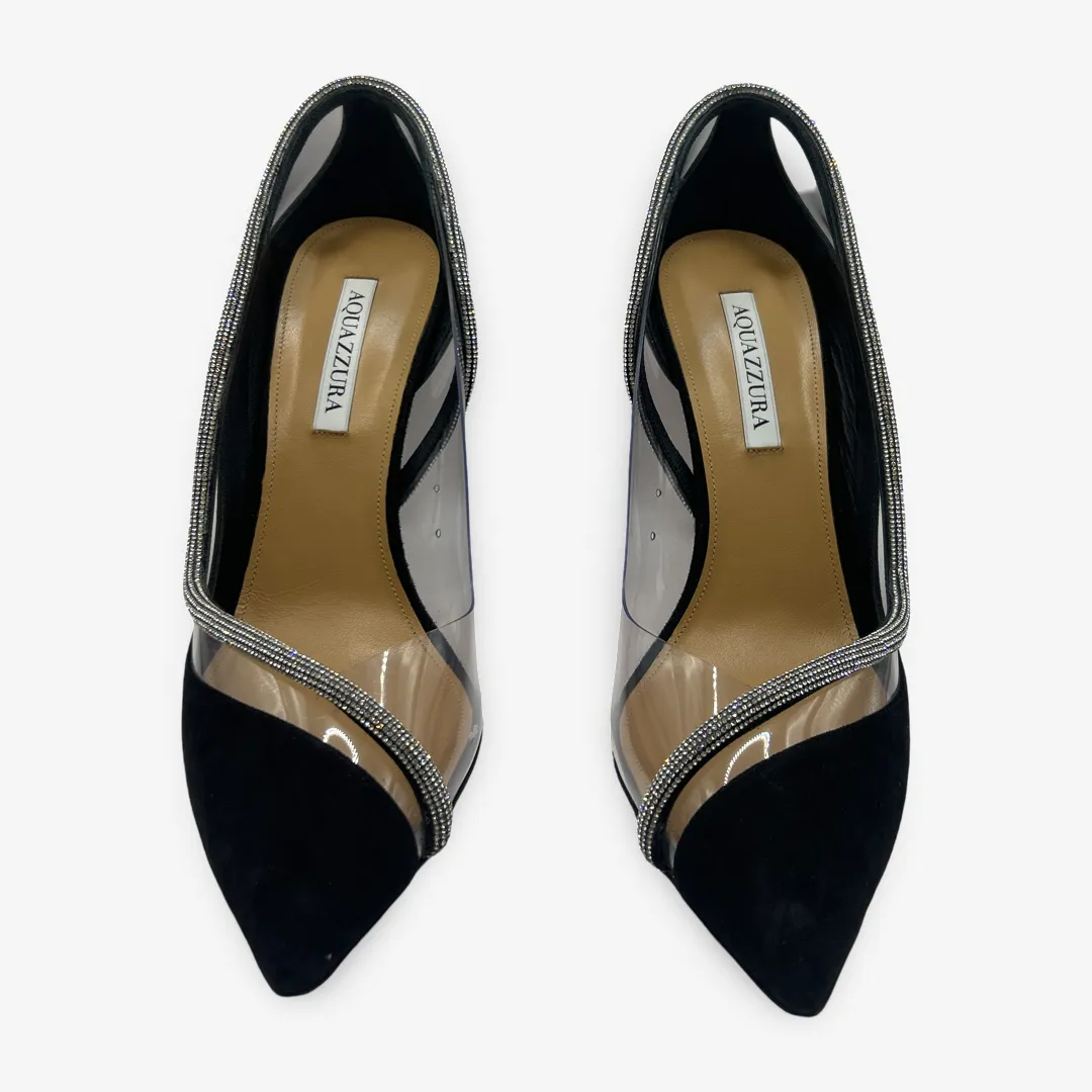 Aquazzura Black Suede and PVC Stiletto High Heels With Diamante Trim