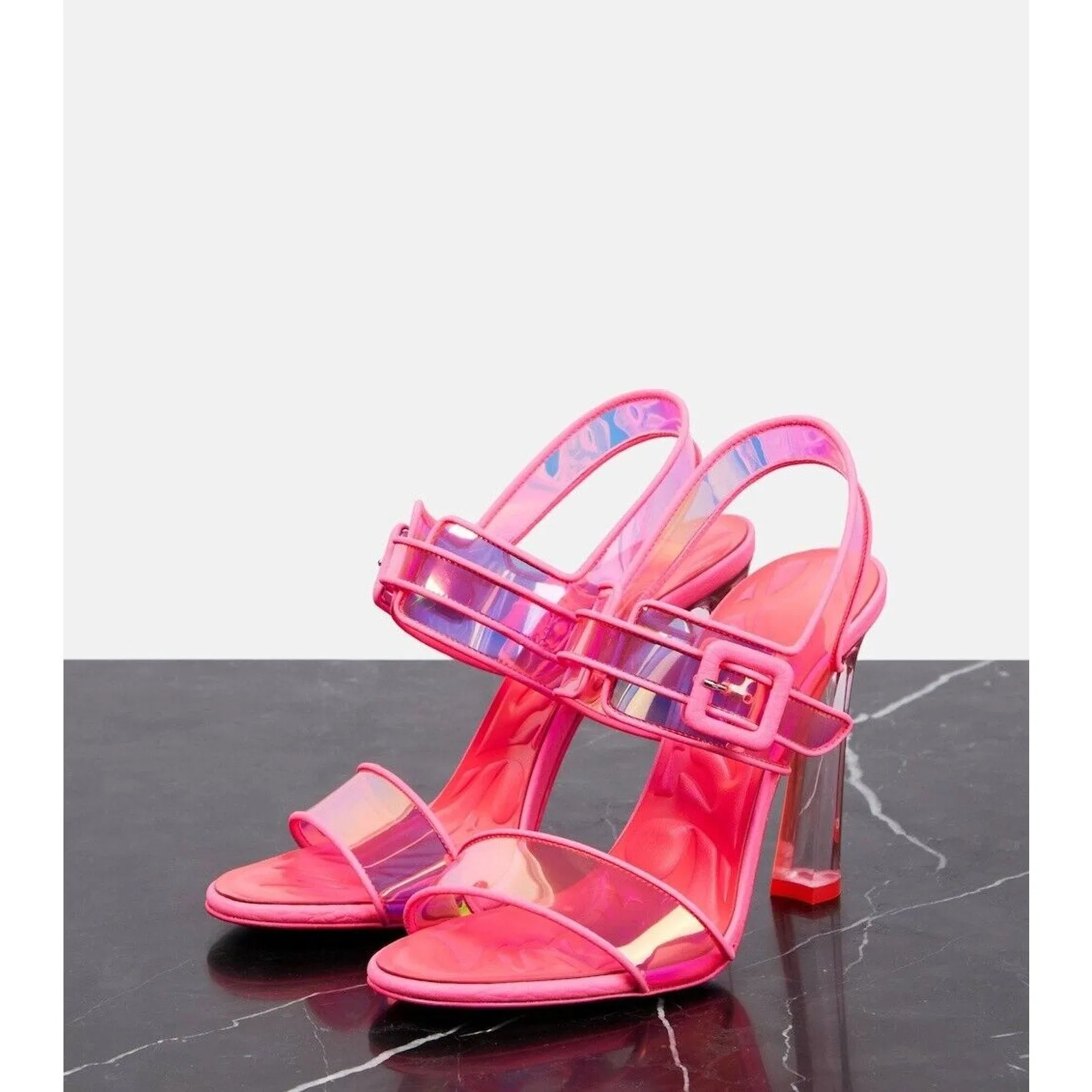 Christian Louboutin Duniss 100mm Leather and PVC Sandals Neon Pink