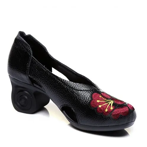 Handmade Embroidery Women High Heel Shoes Hollow out Leather Shoes