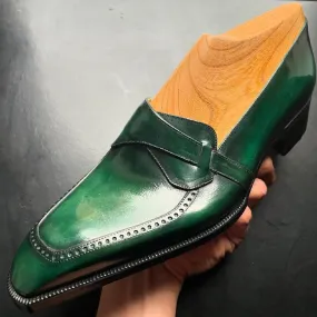 Handmade Green Leather Loafers