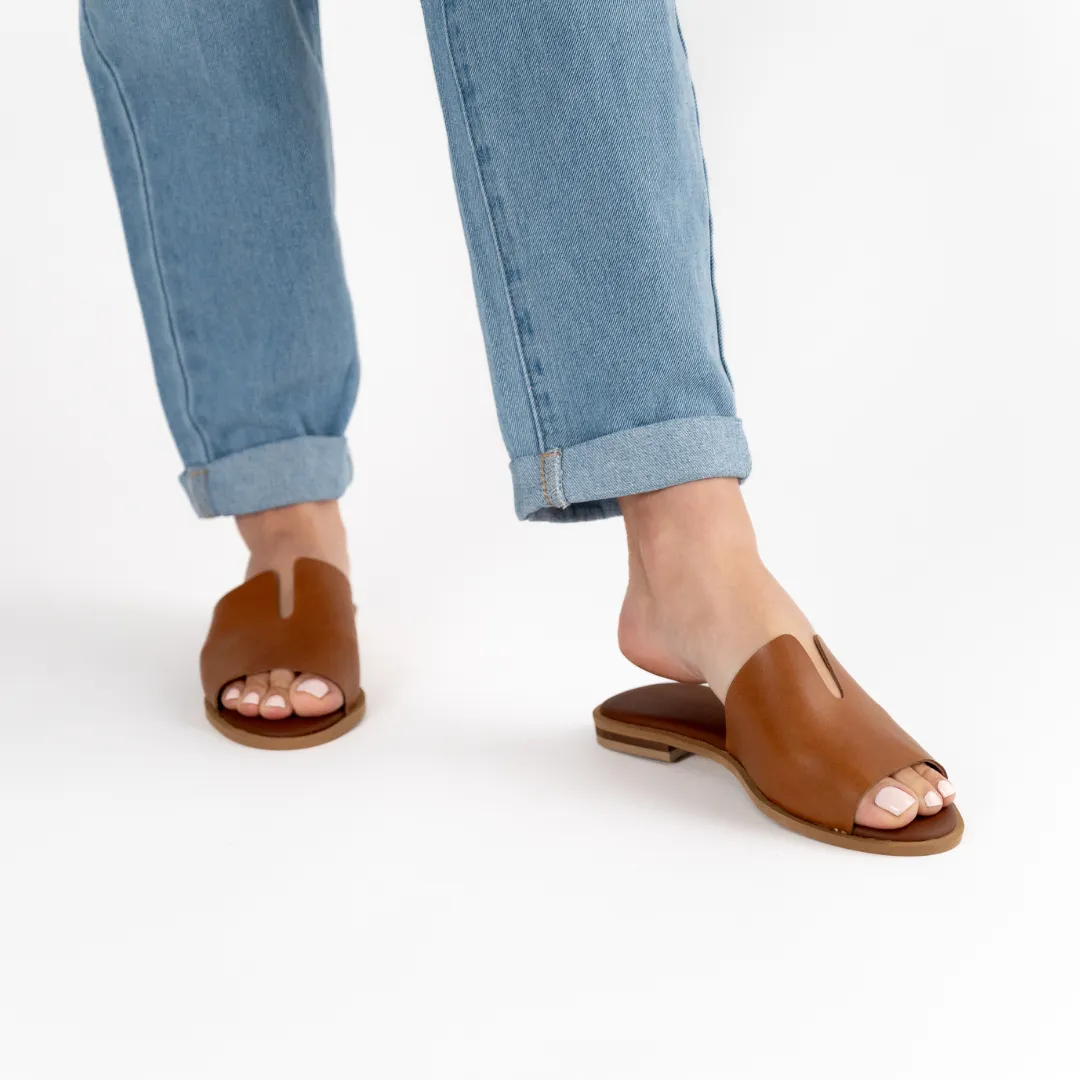 Peep Toe Leather Mule - Tan Leather
