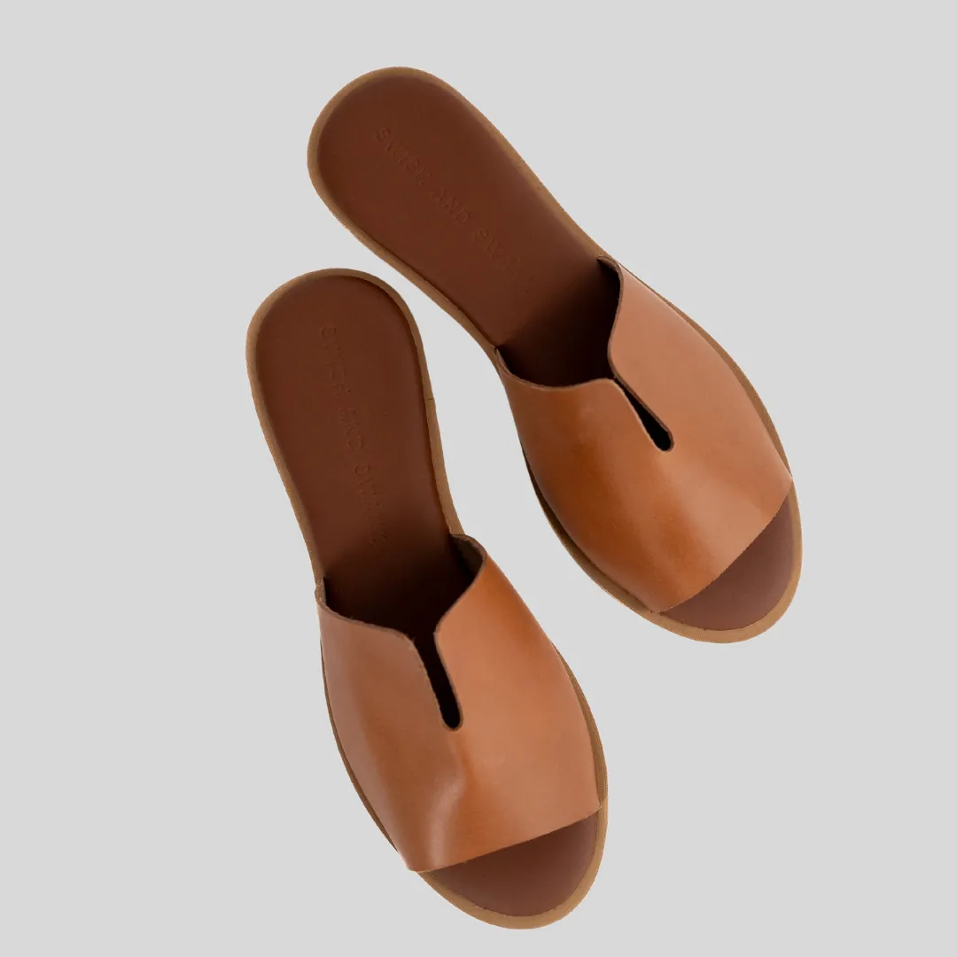 Peep Toe Leather Mule - Tan Leather