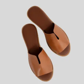 Peep Toe Leather Mule - Tan Leather
