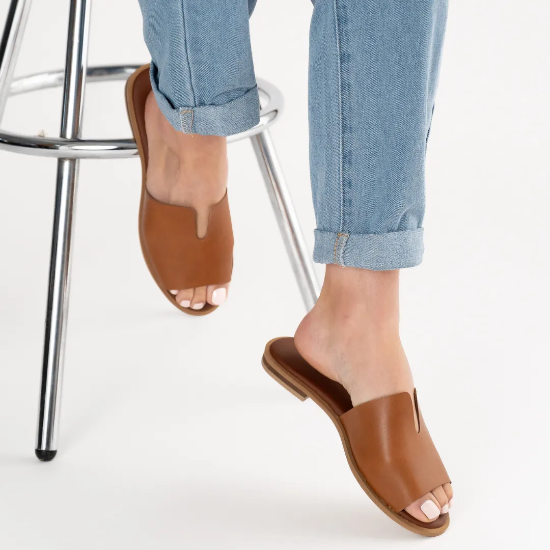 Peep Toe Leather Mule - Tan Leather
