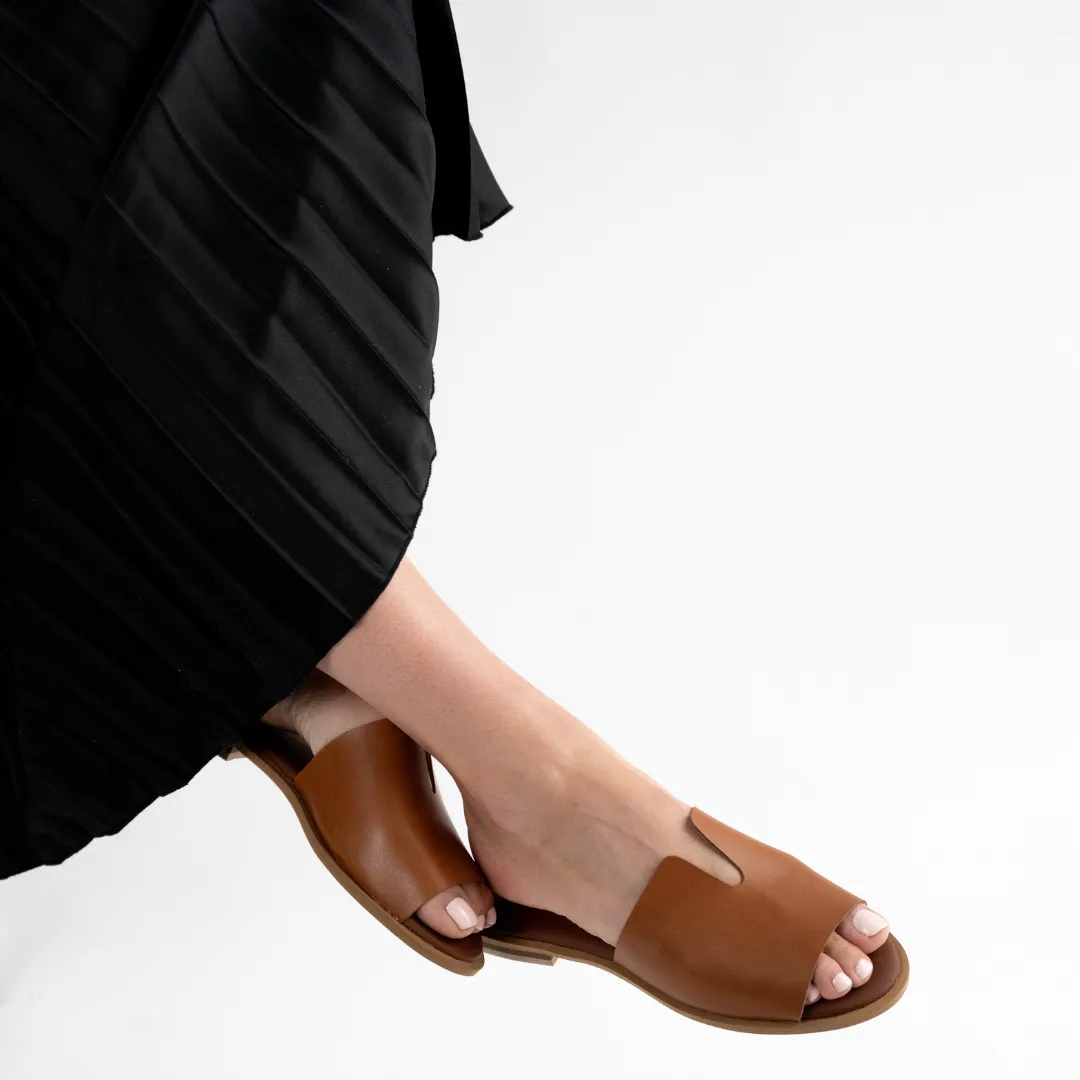 Peep Toe Leather Mule - Tan Leather