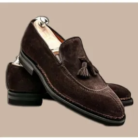 Stylish Men's Handmade Dark Brown Suede Loafer Slipper Party Dress Fashion Tussles Shoes
