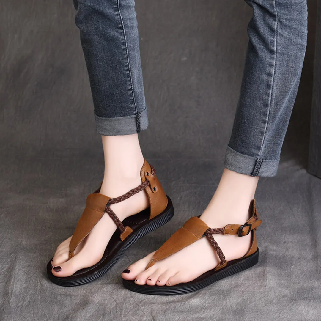 Summer Clip Toe Flat Leather Buckle Sandals