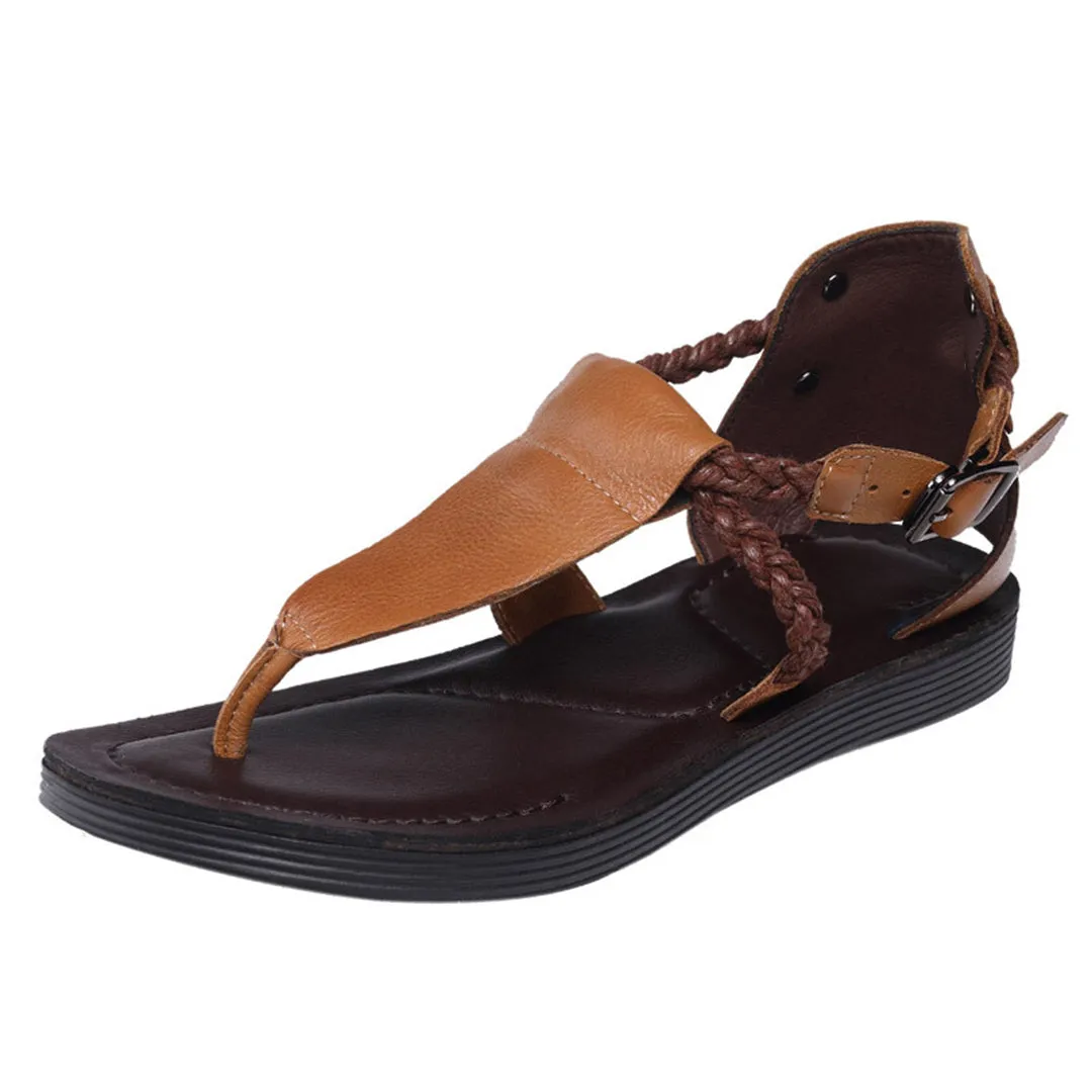 Summer Clip Toe Flat Leather Buckle Sandals