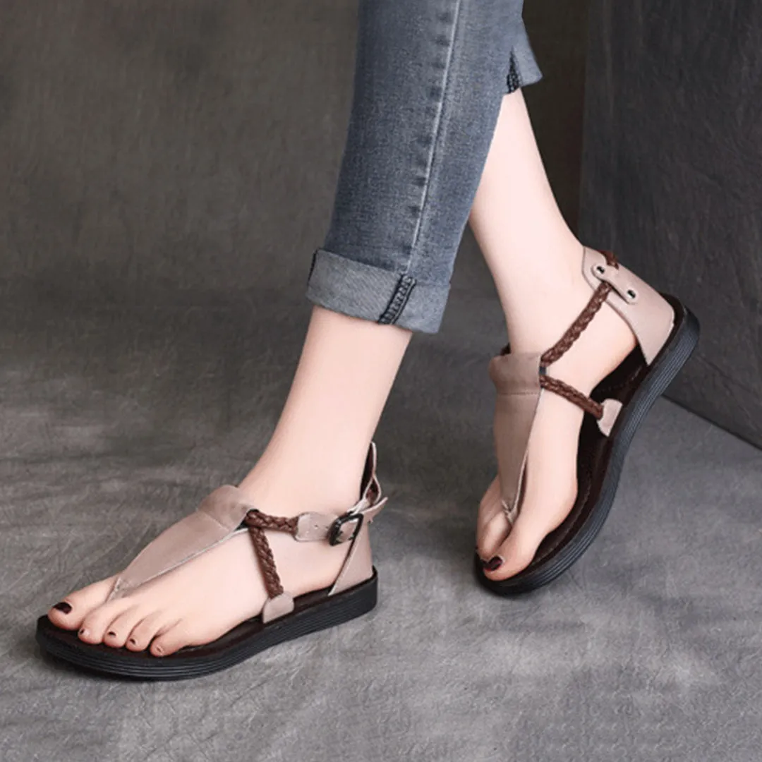 Summer Clip Toe Flat Leather Buckle Sandals