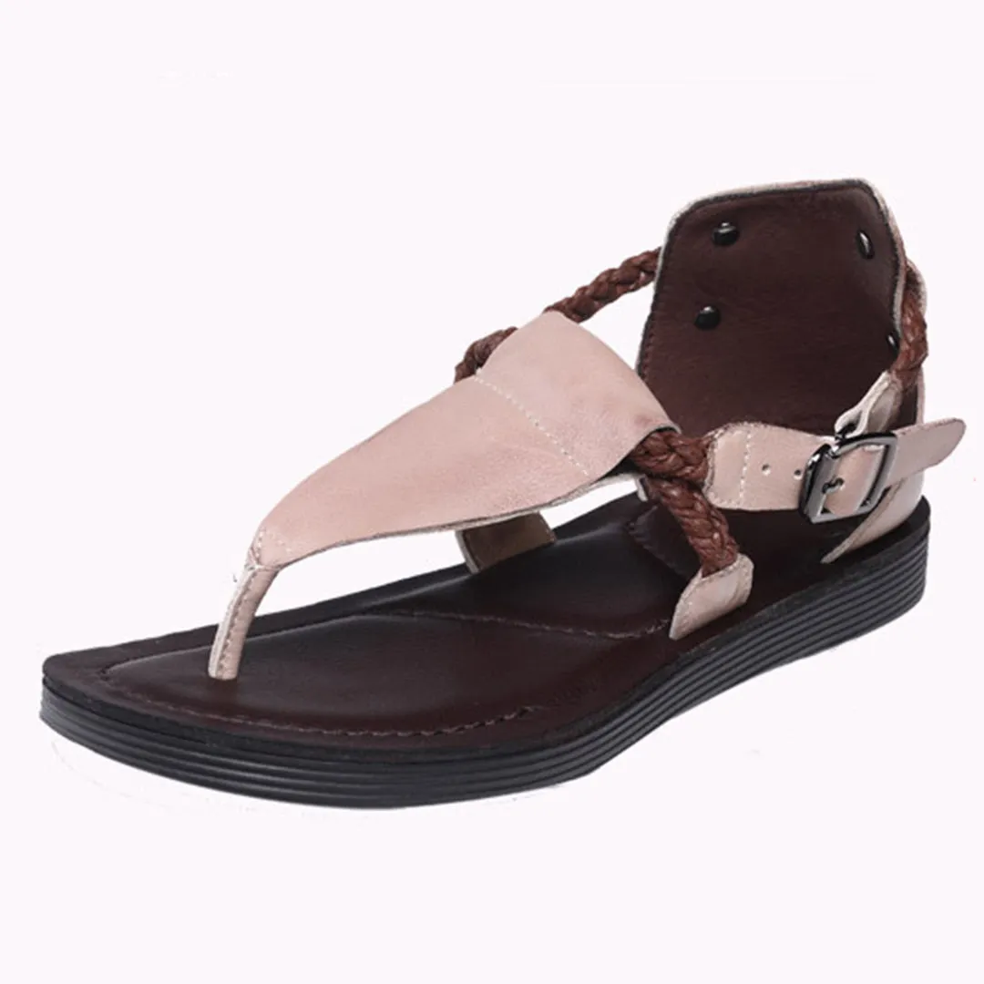 Summer Clip Toe Flat Leather Buckle Sandals
