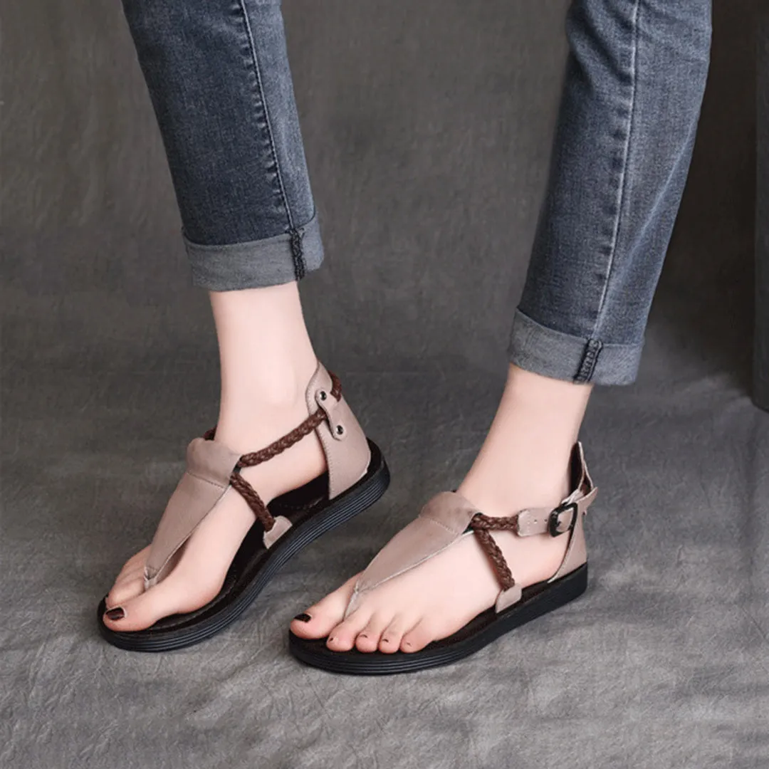 Summer Clip Toe Flat Leather Buckle Sandals