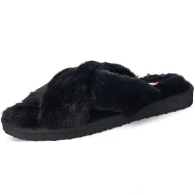 Womens Fuzzy Fluffy Slippers Memory Foam Indoor Outdoor Flat Sandals Black Suede