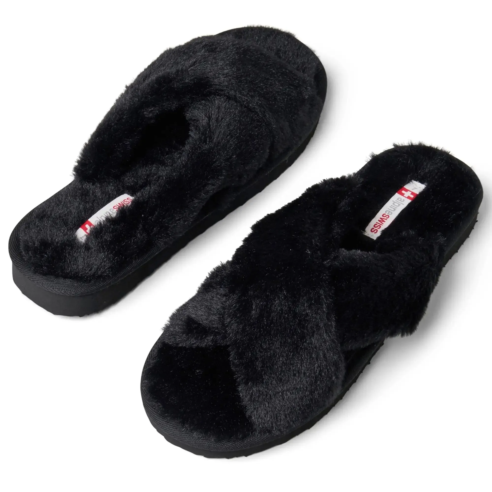 Womens Fuzzy Fluffy Slippers Memory Foam Indoor Outdoor Flat Sandals Black Suede