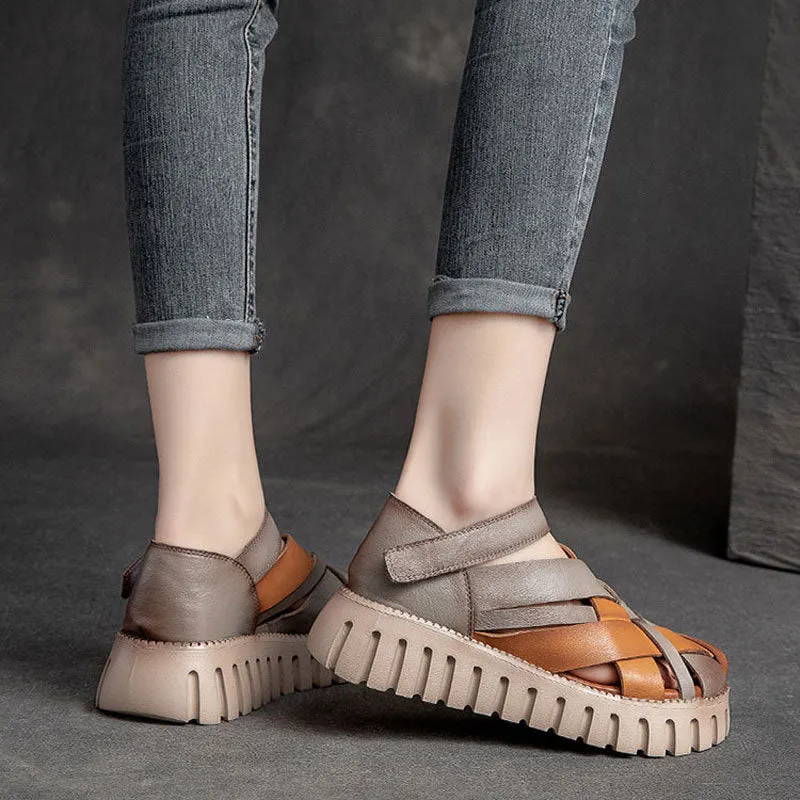 Women's Genuine Leather Retro Woven Thick Bottom Sandals Shoes
